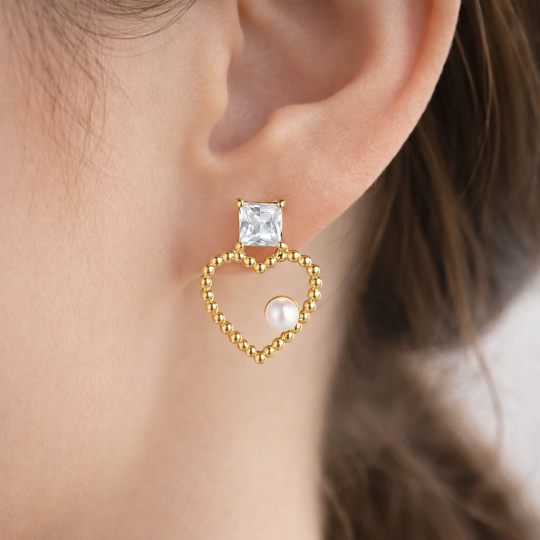 Boucles d'oreilles Cœur Perle Acier Doré