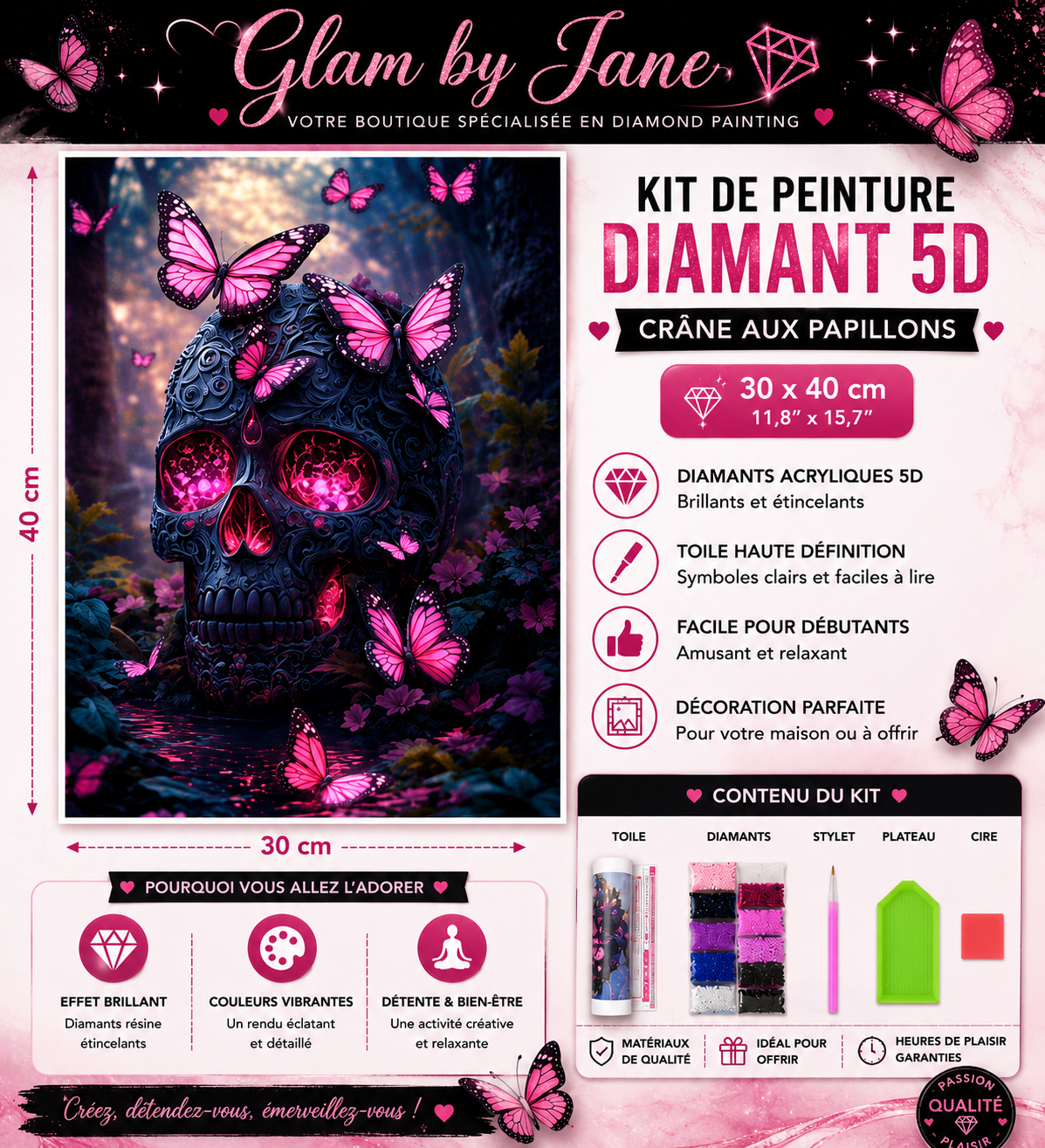 Kit Diamond Painting 5D – Crâne aux Papillons Roses – 30 x 40 cm