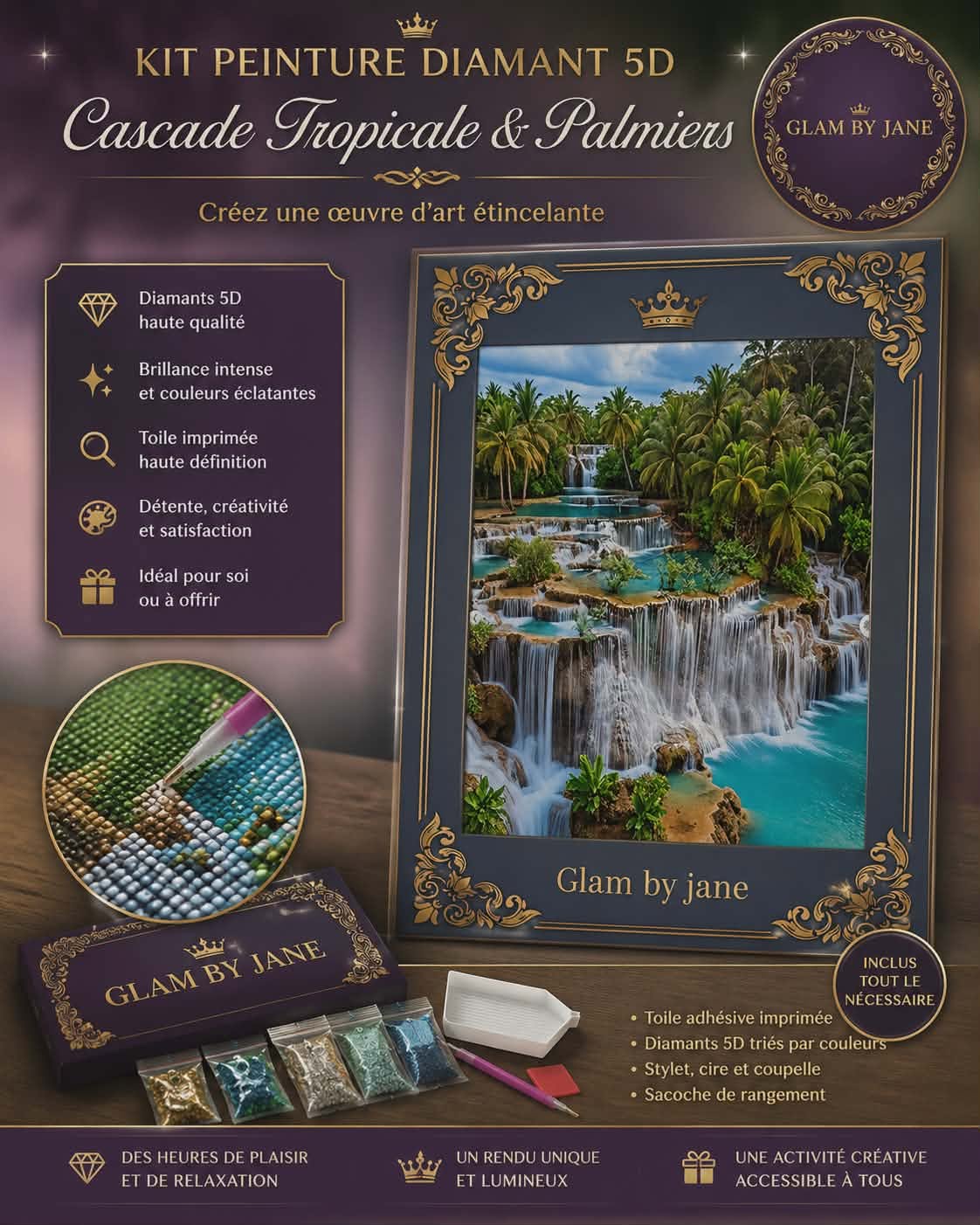 Kit Peinture Diamant 5D – Cascade Tropicale & Palmiers