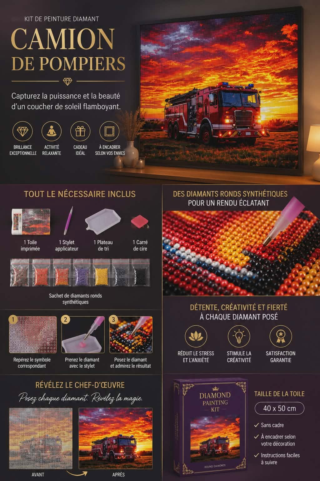 🎨 Kit Peinture Diamant 5D – Camion de Pompiers Rouge au Coucher de Soleil
