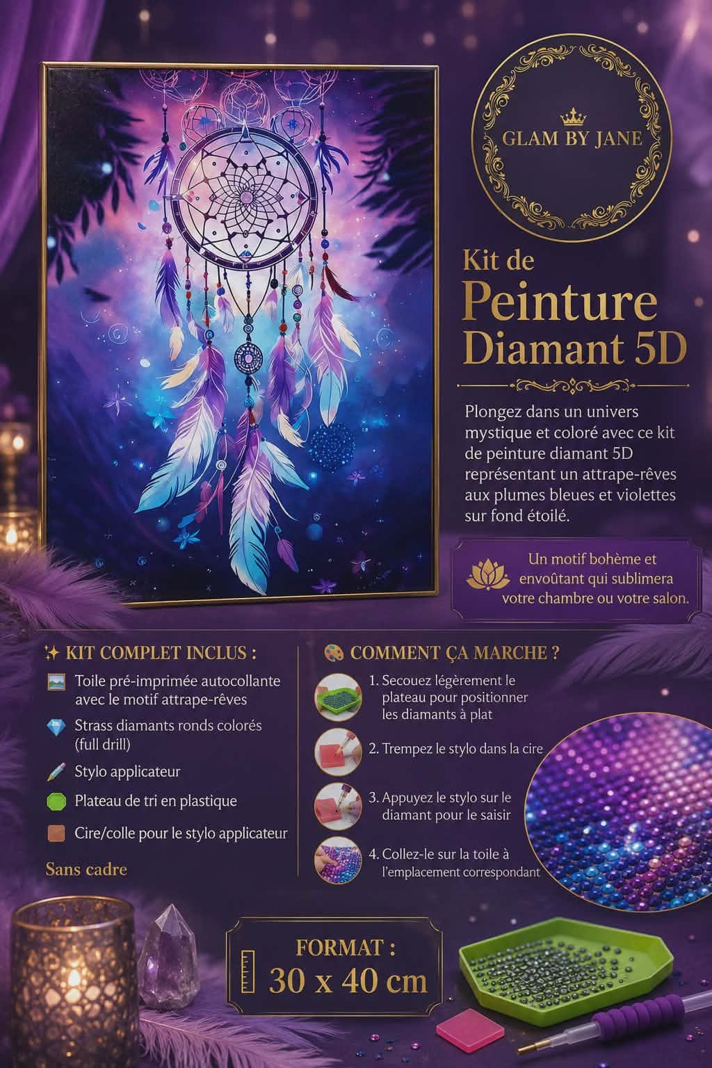 Kit Peinture Diamant 5D – Attrape-Rêves Cosmique | 30x40cm | Art Mosaïque sur Toile