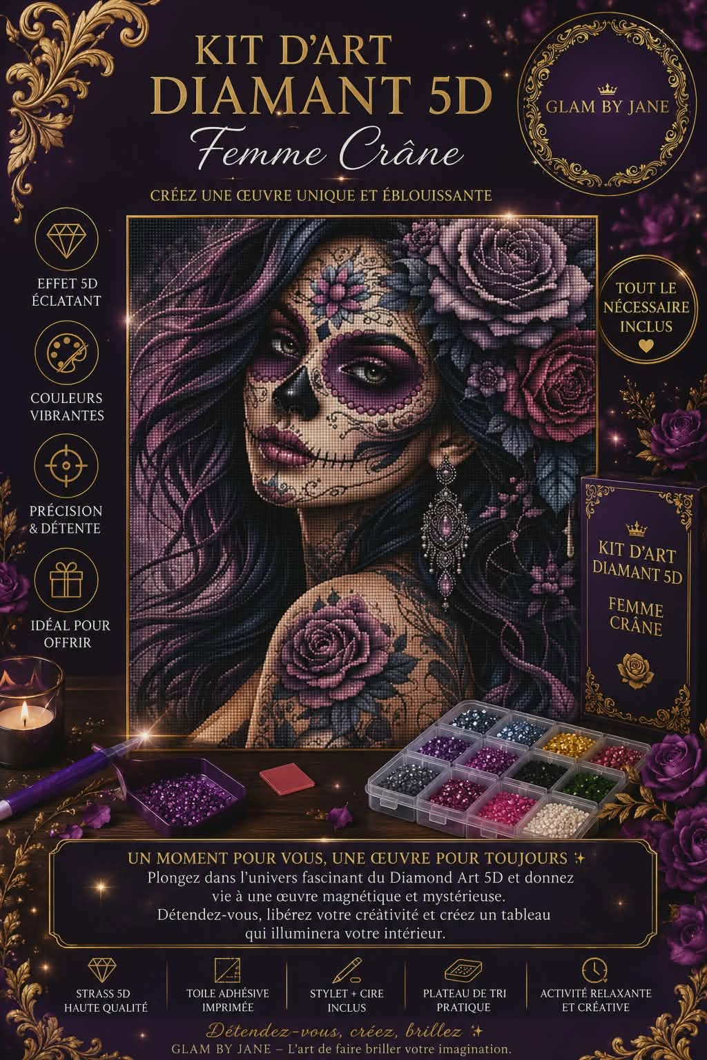 Kit d’art diamant 5D Femme Crâne