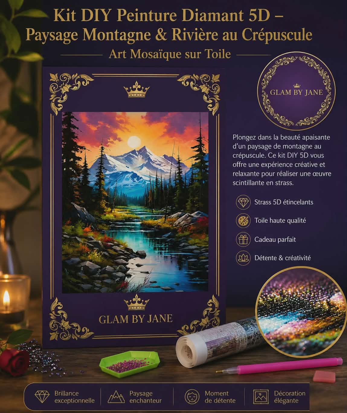 Kit DIY Peinture Diamant 5D – Paysage Montagne & Rivière au Crépuscule Art Mosaïque sur Toile