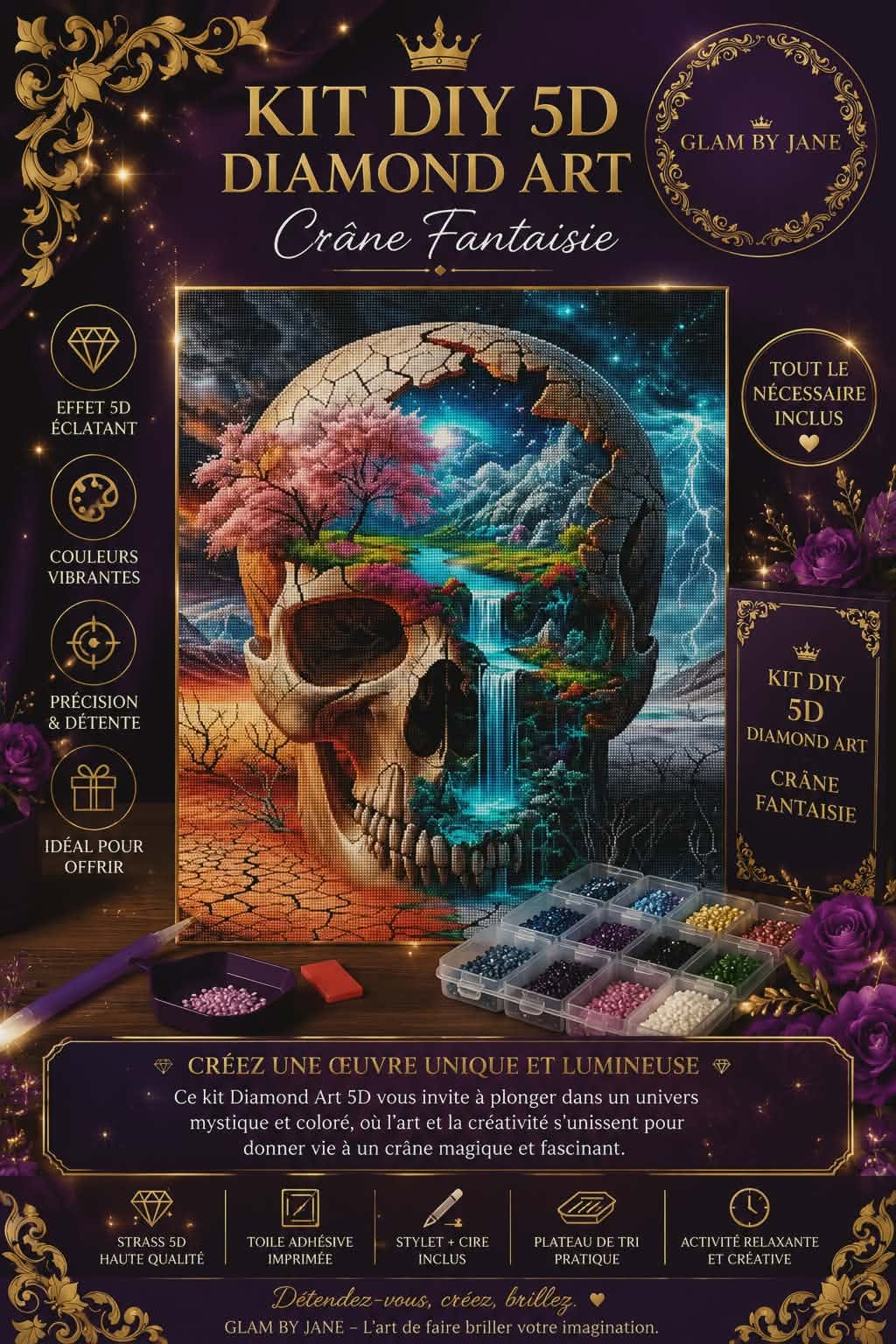 Kit DIY 5D Diamond Art – Crâne Fantaisie 💀🌸
