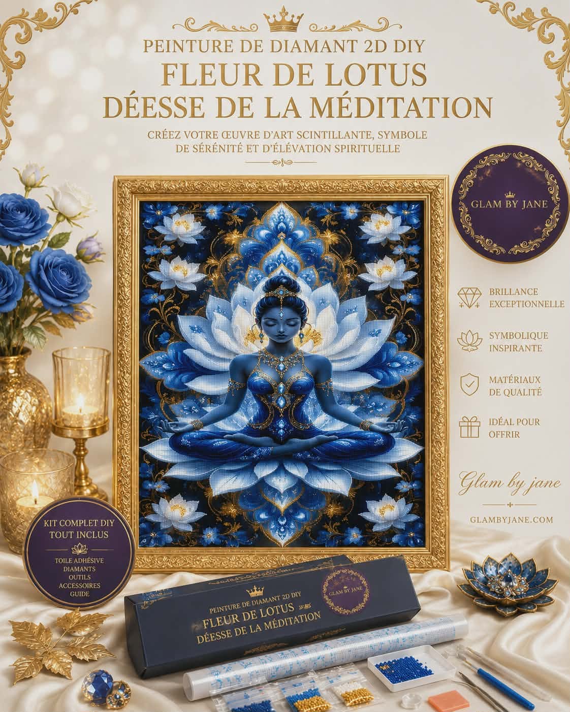 Peinture de diamant 2D DIY Fleur de lotus déesse de la méditation