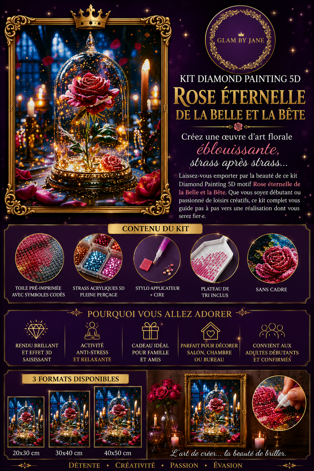 Kit Diamond Painting 5D Rose éternelle de la belle et la bête