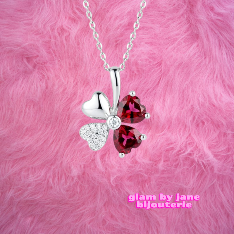 Collier argent 925 pendentif trèfle porte bonheur rose Paula