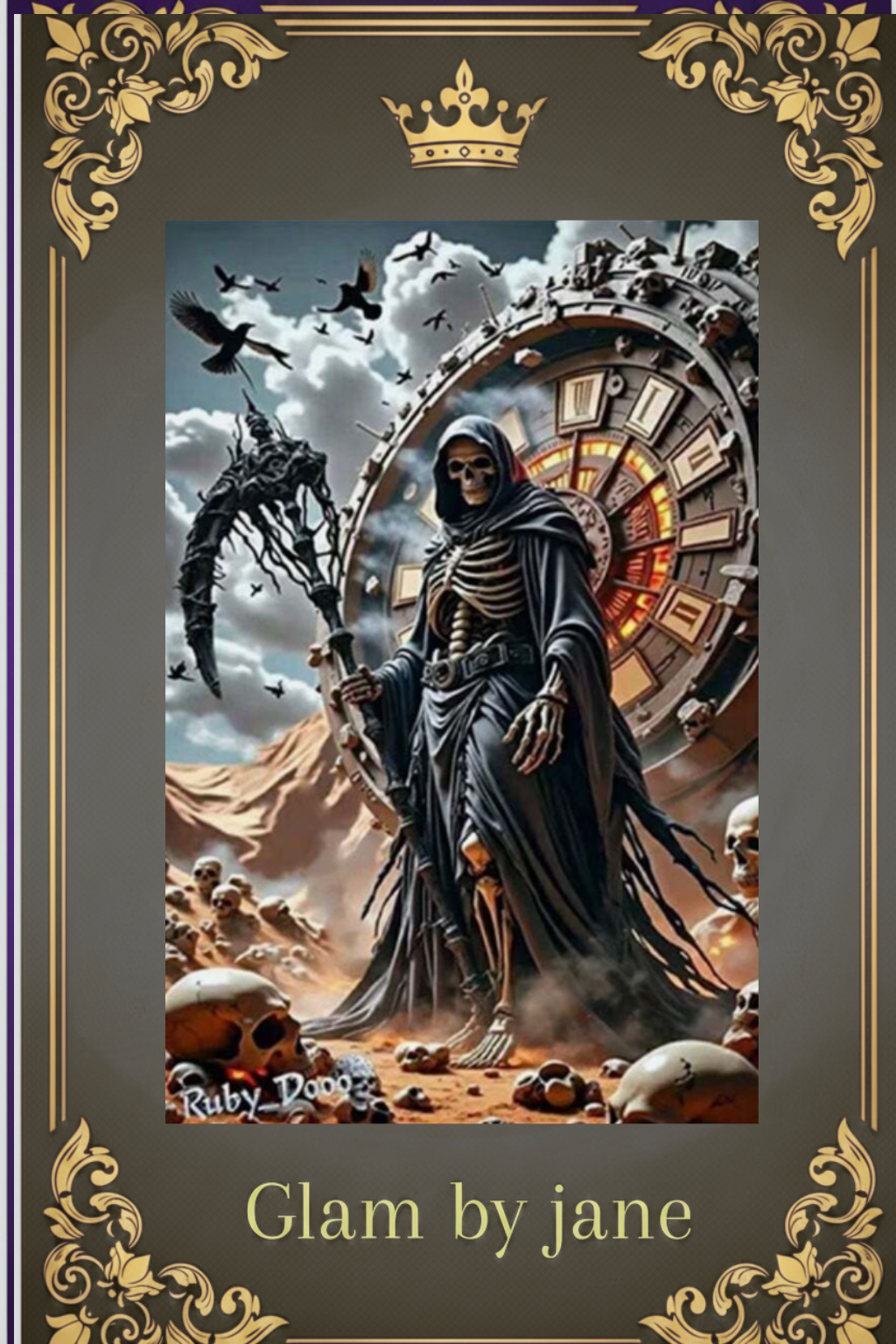 Kit de peinture au diamant 5D : la Faucheuse d'Halloween avec faux et roue d'horloge, avec le nom Glam by Jane