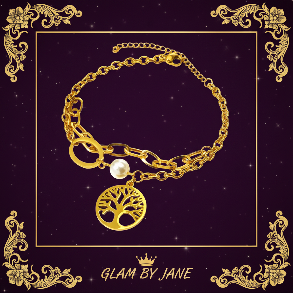 Bracelet Double Chaîne Arbre de Vie & Perle - Acier Inoxydable 304