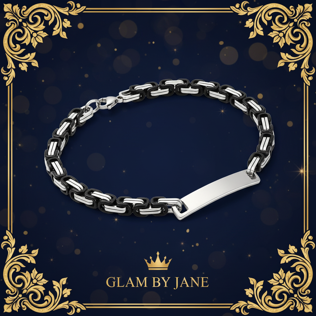 Bracelet gourmette acier inoxydable chaîne byzantine plaque à graver pour homme