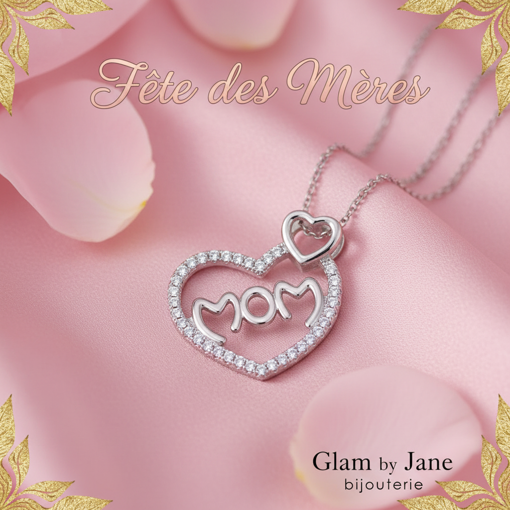 Collier chaîne et pendentif zirconiums sertis cœur Mom