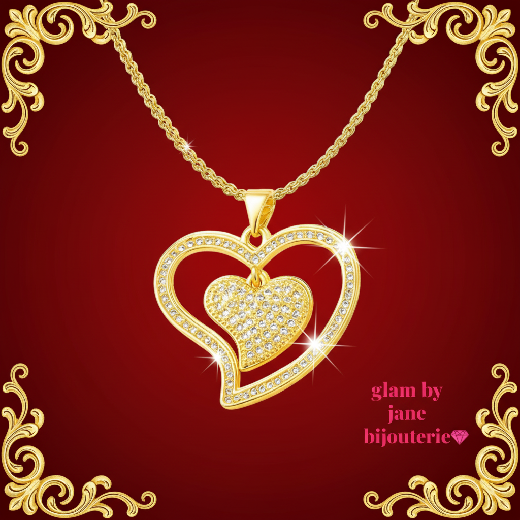 Collier avec chaîne et pendentif double cœur serti de diamants CZ