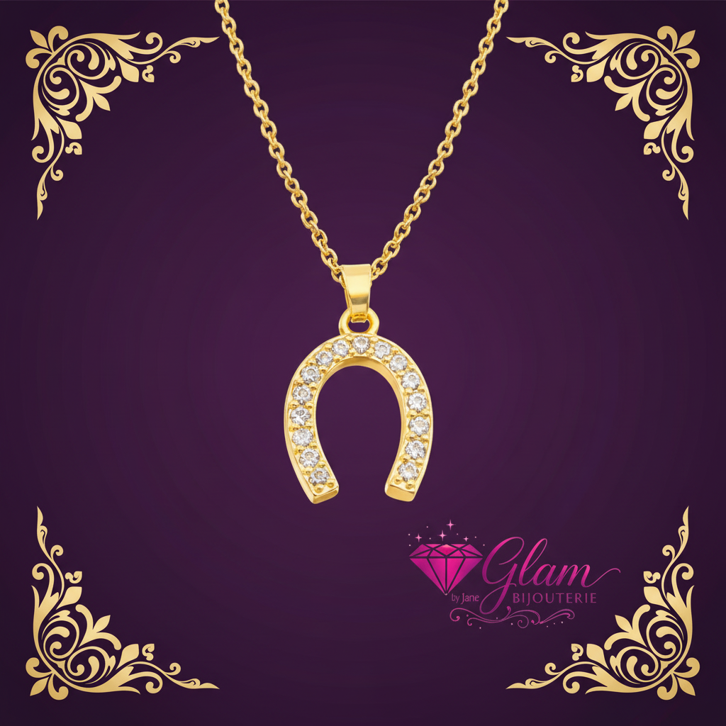 Collier doré chaîne et pendentif fer à cheval orné de zirconiums sertis