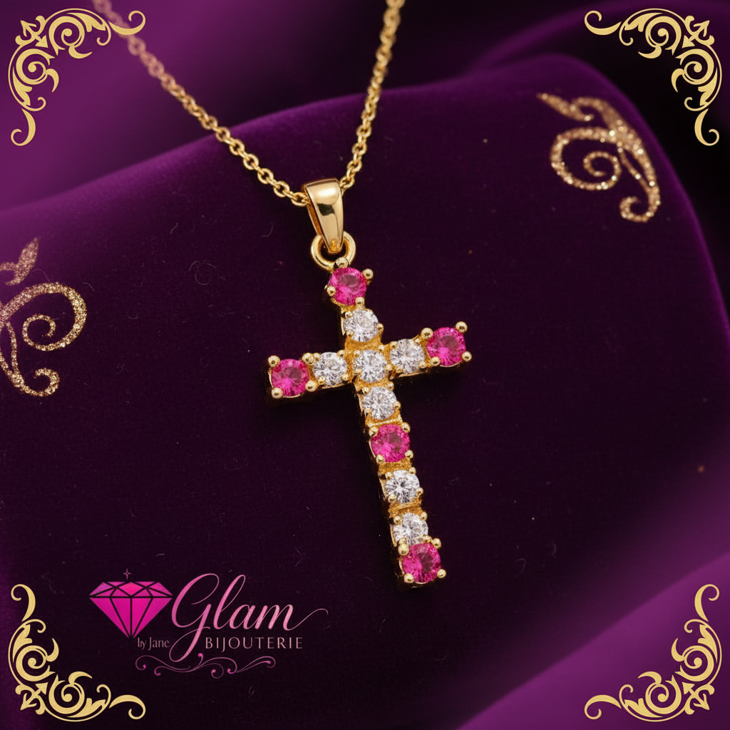 Collier doré chaîne et pendentif croix oxydes de couleurs rouge et blanc