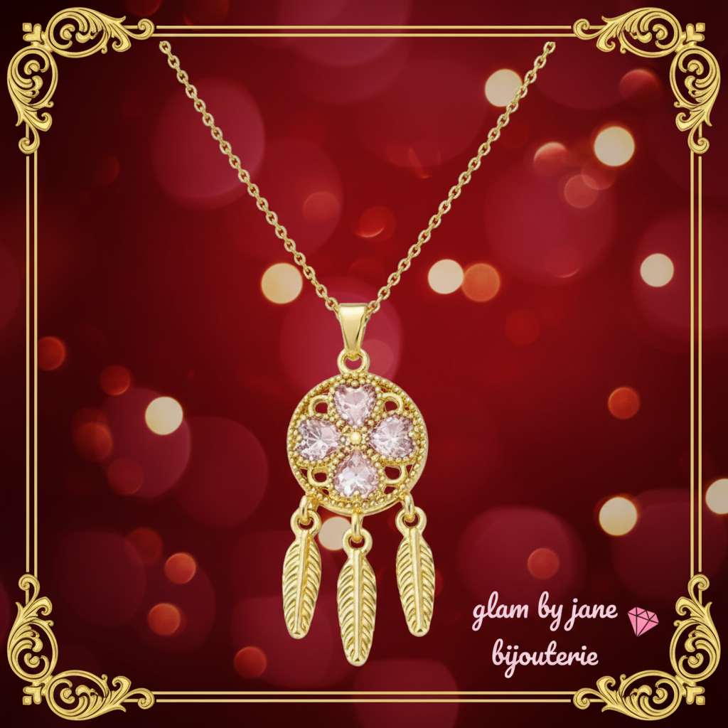 Collier doré chaîne et pendentif attrape rèves zirconiums rose sertis