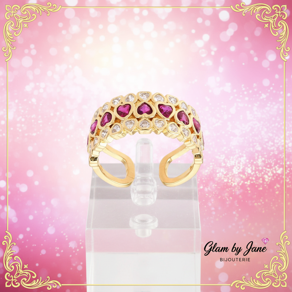 Bague femme réglable avec lignée zirconiums cœurs roses sertis
