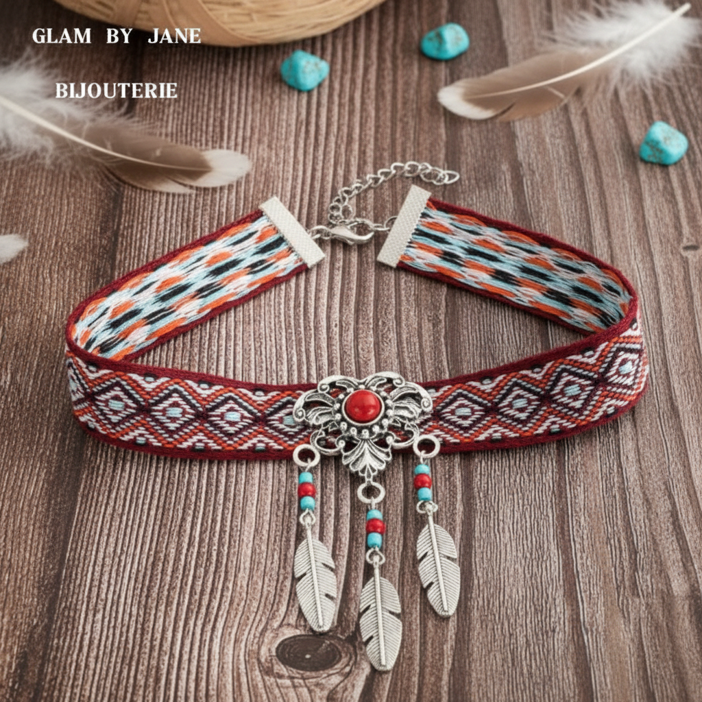 Collier Ras De Cou avec plume style bohème country