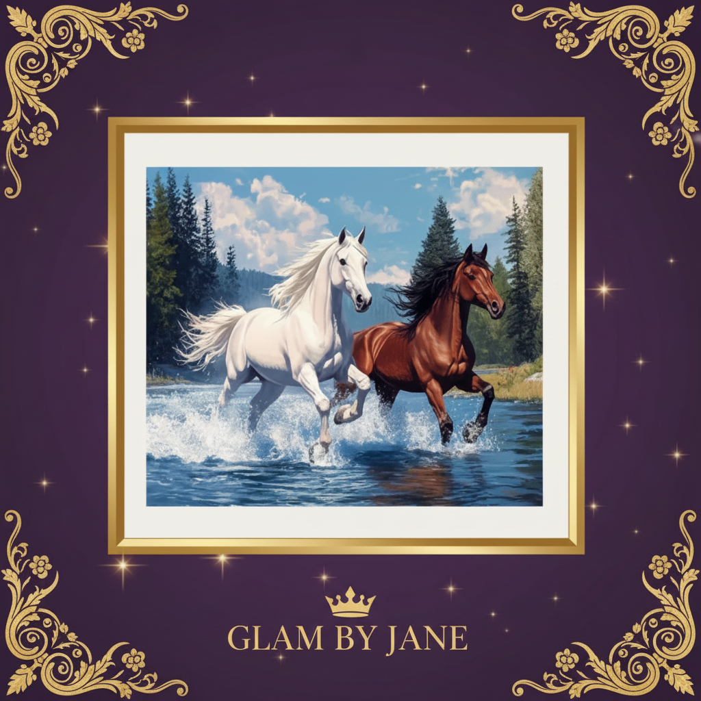 Kit Peinture Diamant 5D – Duo de Chevaux au Galop Art Mosaïque sur Toile