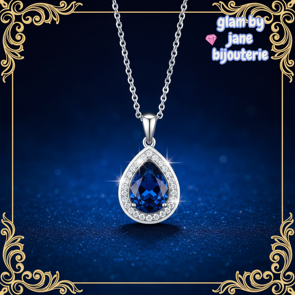 Collier en forme de goutte bleu avec strass