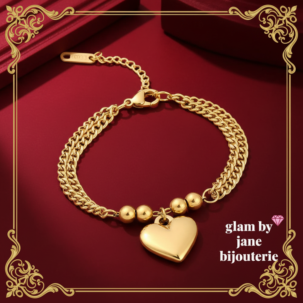 Bracelet en acier inoxydable double chaîne gourmette et breloque cœur