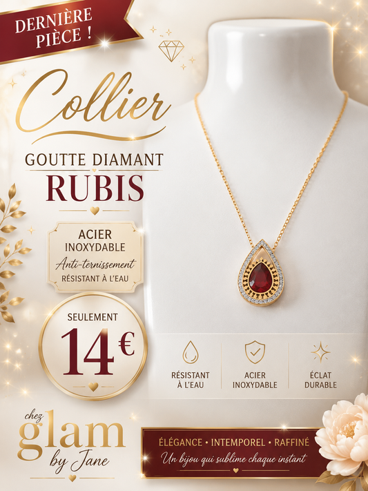 Collier goutte diamant rubis en acier inoxydable
