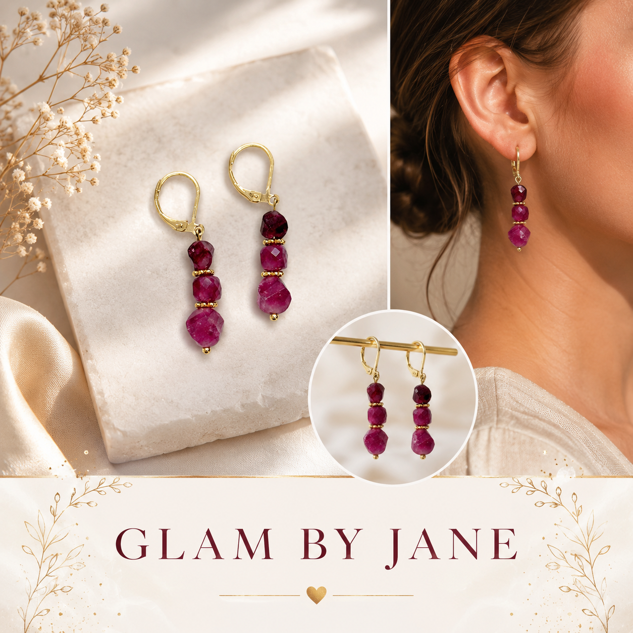 Boucles D'Oreilles Pierre Naturelle Acier Inoxydable Doré