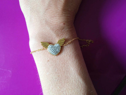 Bracelet coeur aile d'ange en acier inoxydable
