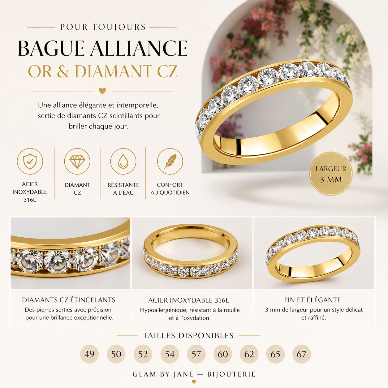 Bague acier inoxydable alliance or avec diamant CZ