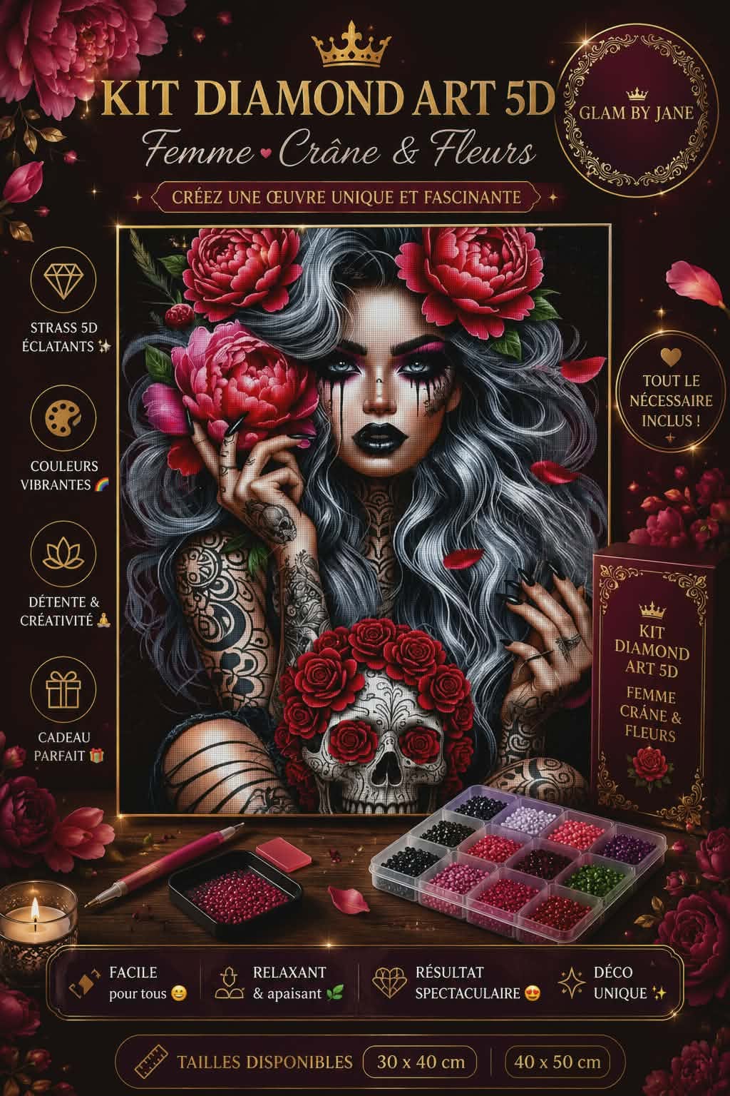 Kit de peinture diamant 5D Femme, Crâne & Fleurs