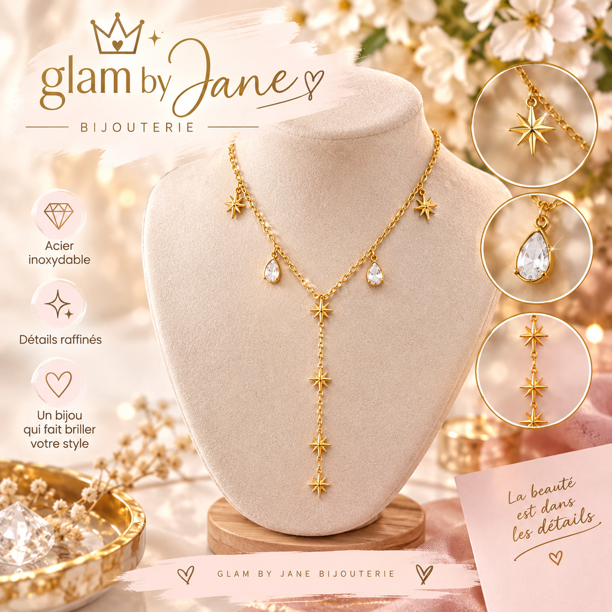 ✨ Collier Étoiles & Gouttes Dorées