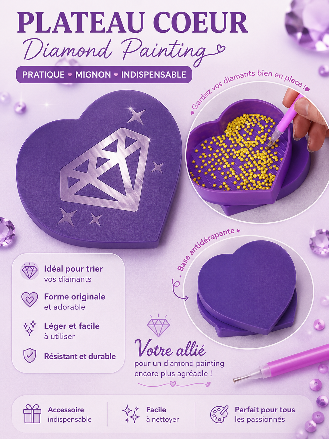 Plateau Cœur pour Diamond Painting – Kit de 3 pièces