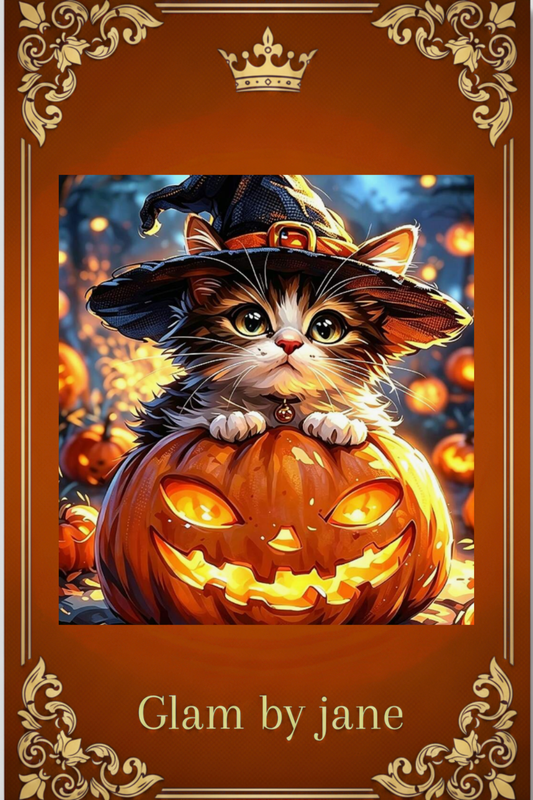 Kit de peinture au diamant 5D : chaton au chapeau de sorcière sur une citrouille, avec le nom Glam by Jane