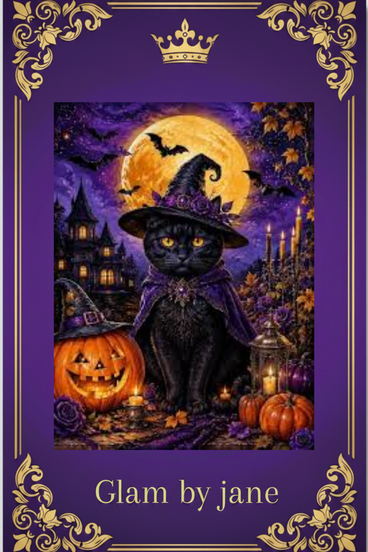 Kit de peinture au diamant 5D : chat noir en sorcière devant une pleine lune, citrouille et château, avec le nom Glam by Jane