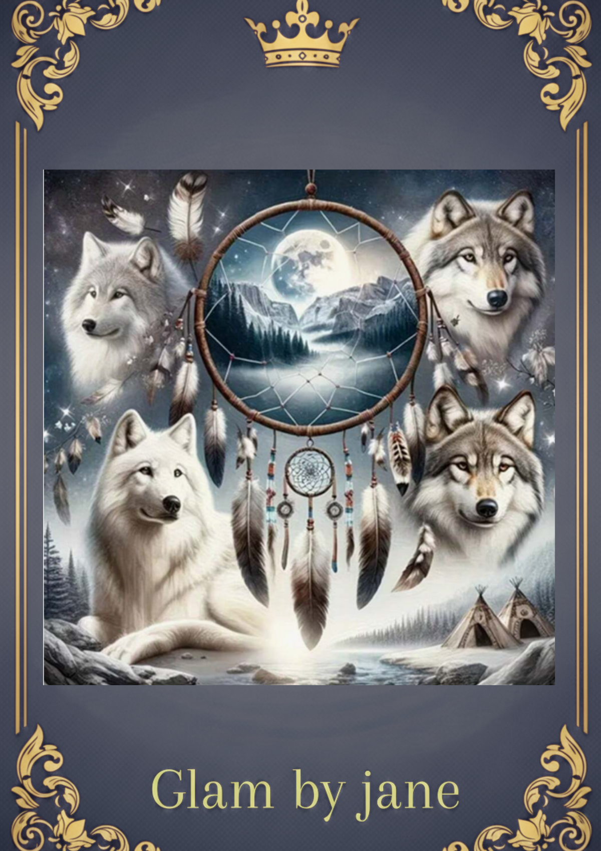 Kit Diamond Painting 5D représentant plusieurs loups autour d’un attrape-rêves sous la lune