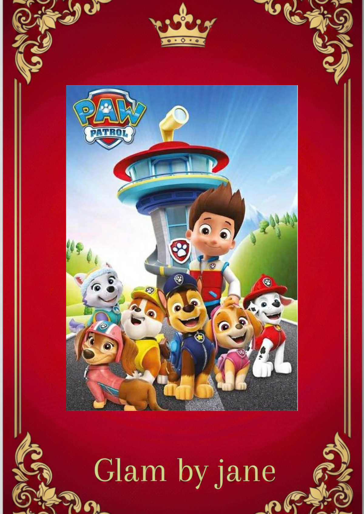 Présentation Glam by jane du visuel Pat’ Patrouille avec Ryder et les chiots devant la tour