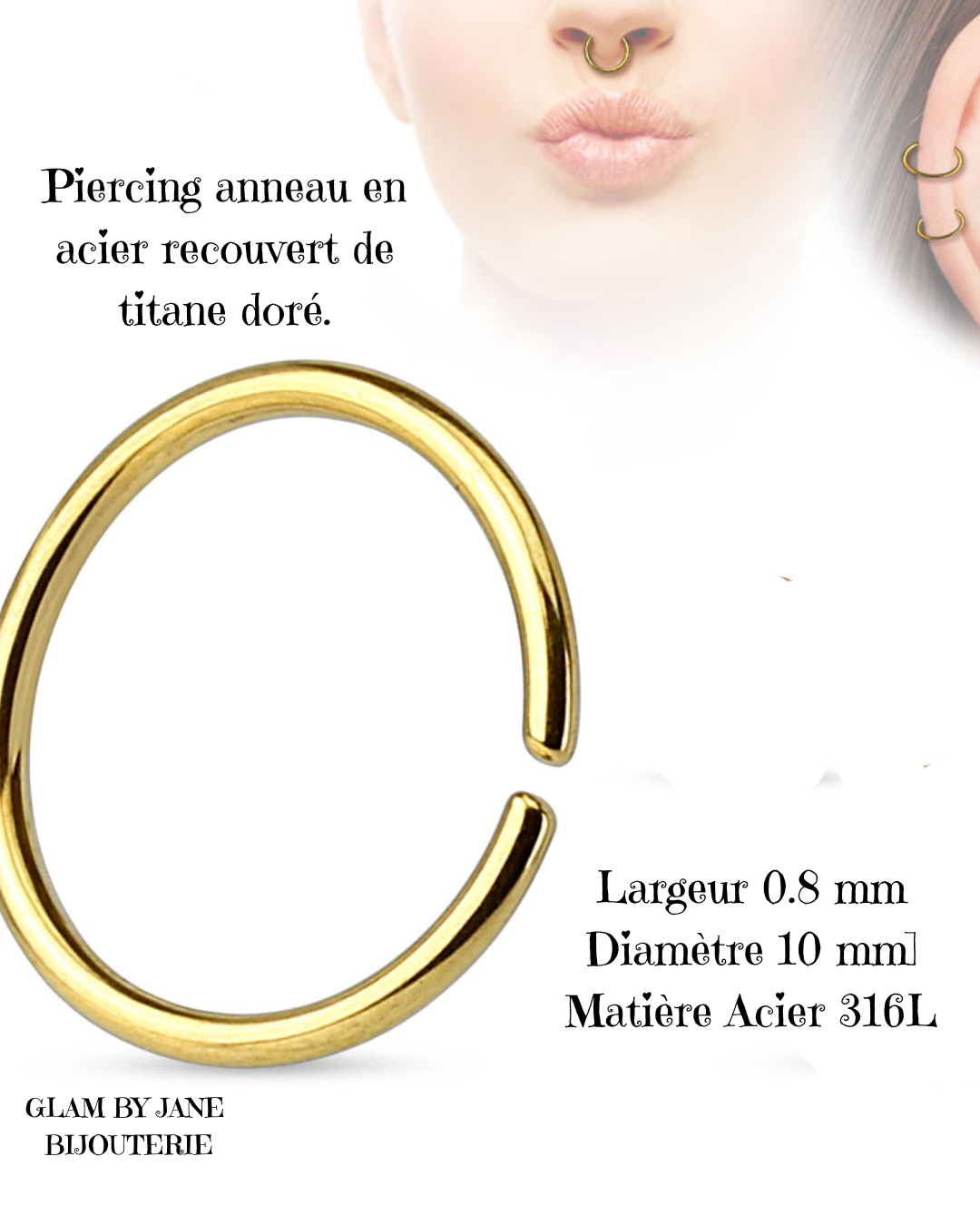 Piercing anneau en acier recouvert de titane doré.