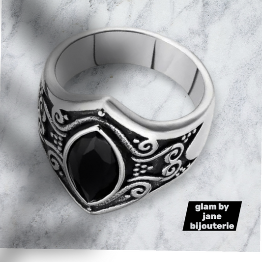 Bague  chevalière argentée oval black en acier inoxydable homme
