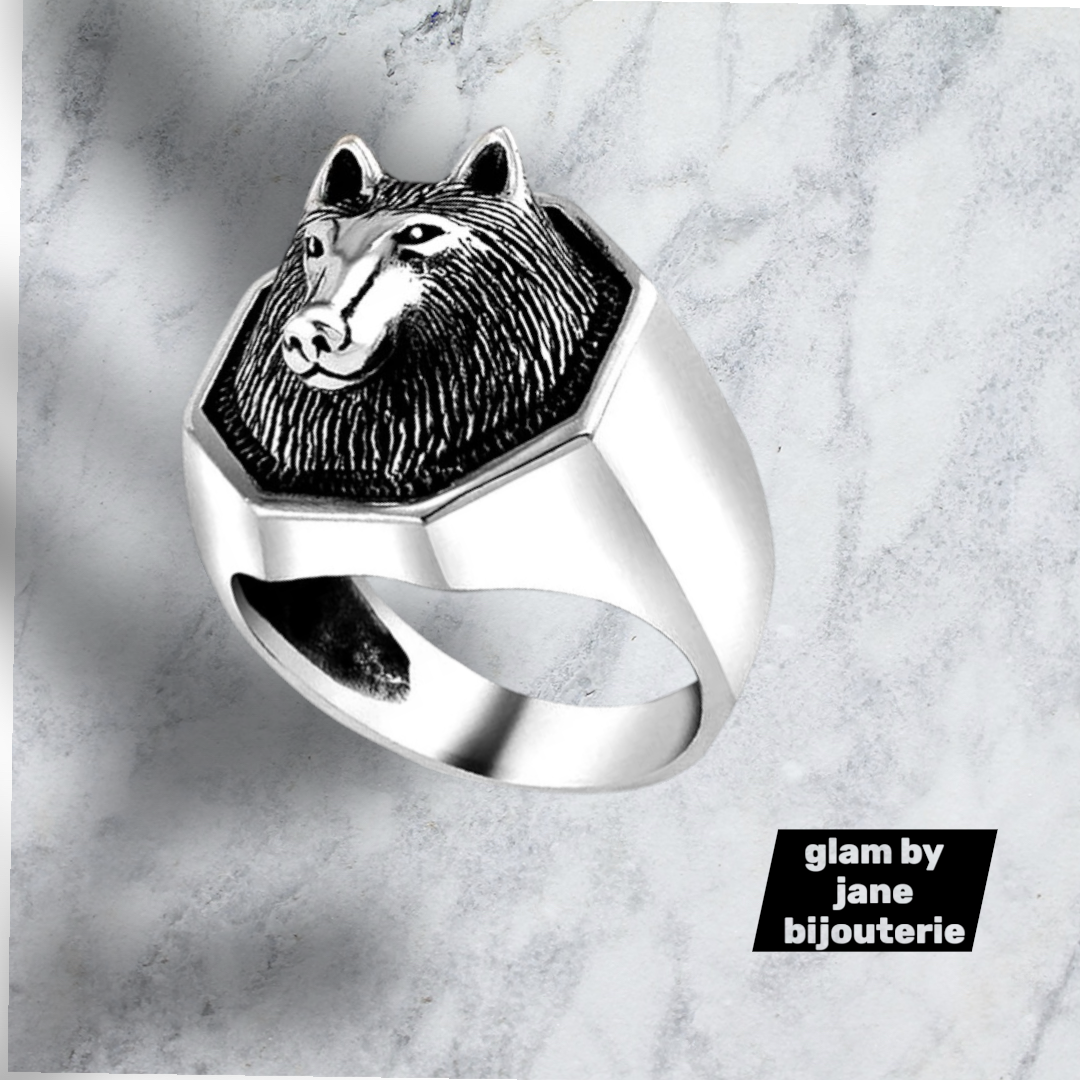 Bague chevalière argenté tête de loup en acier inoxydable