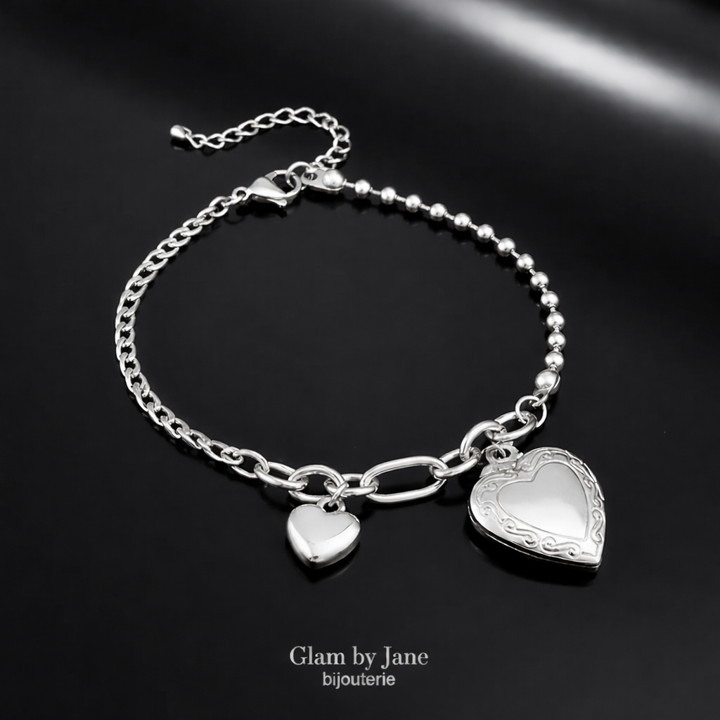 Bracelet acier inoxydable double cœur porte photo