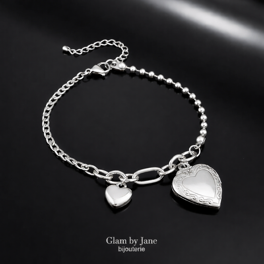 Bracelet acier inoxydable double cœur porte photo