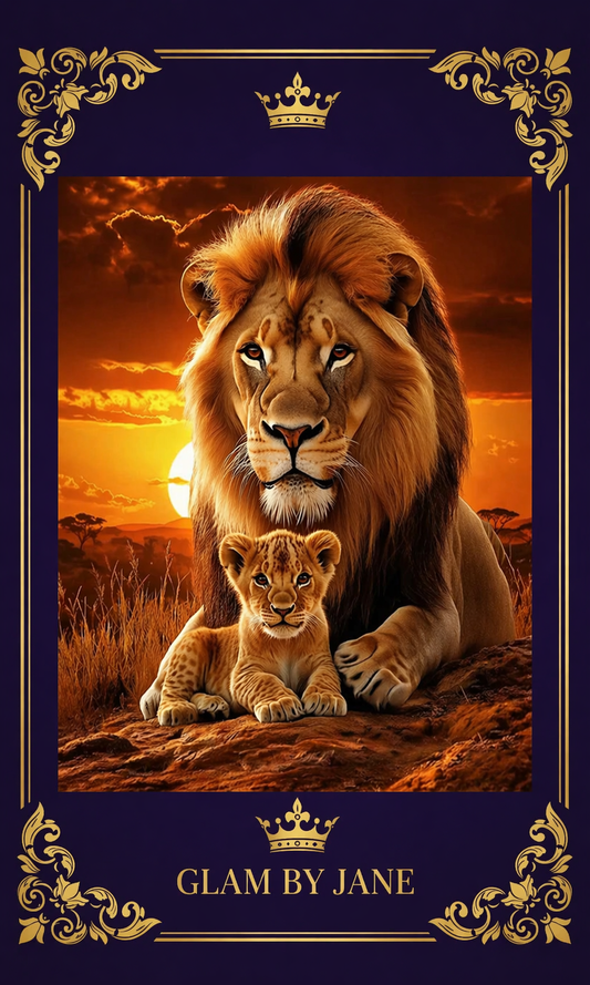Kit Peinture Diamant 5D – Lion & Lionceau au Coucher de Soleil Art Mosaïque sur Toile