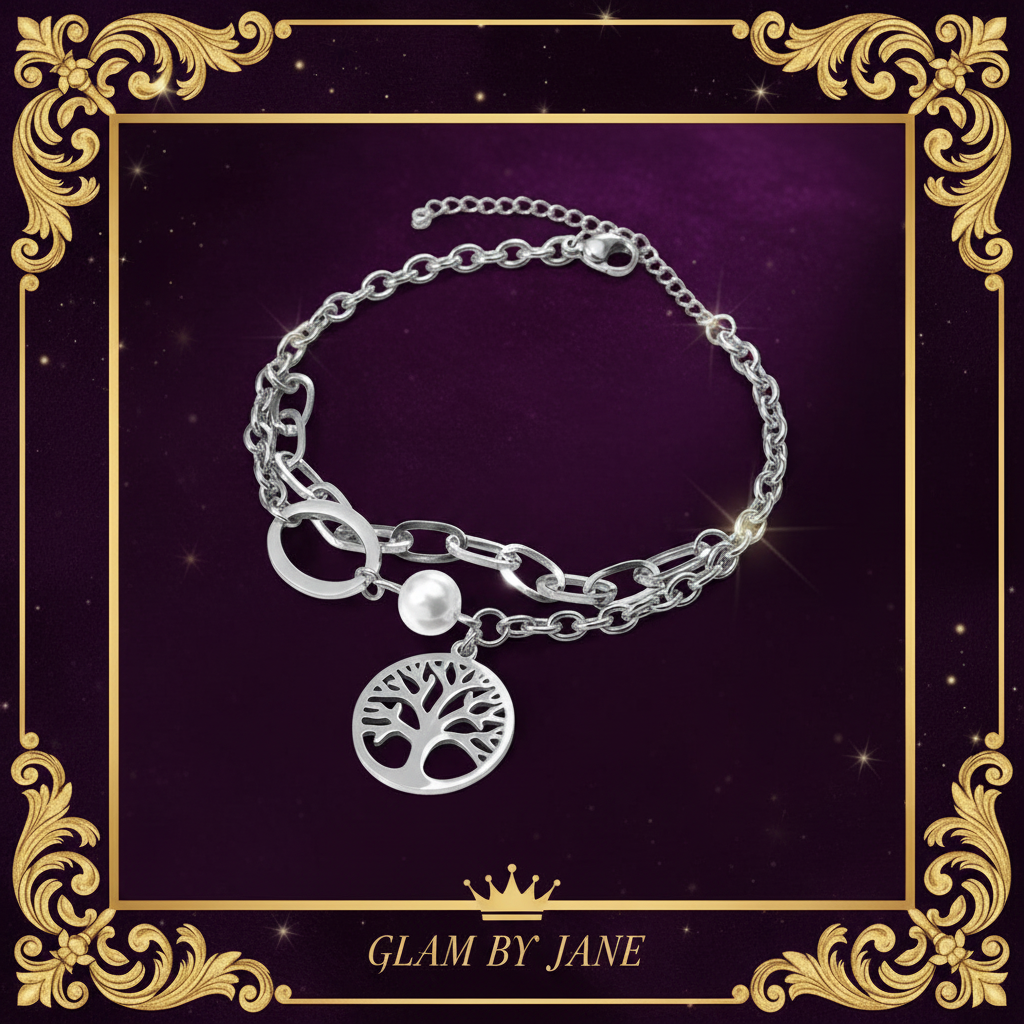 Bracelet Double Chaîne Arbre de Vie & Perle - Acier Inoxydable 304