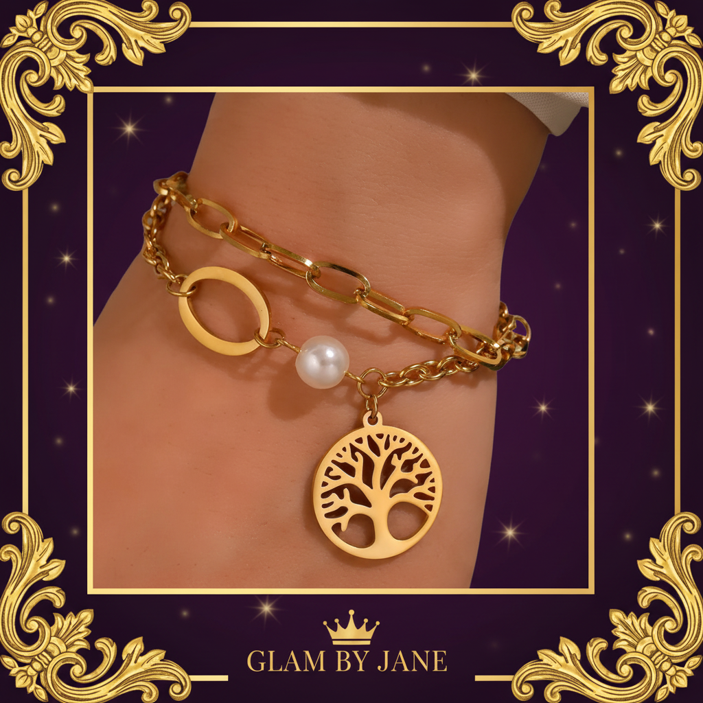Bracelet Double Chaîne Arbre de Vie & Perle - Acier Inoxydable 304