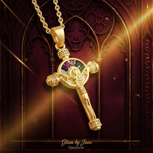 pendentif croix avec Christ zirconiums colorés sertis