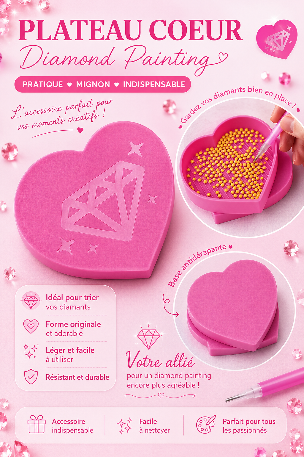 Plateau Cœur pour Diamond Painting – Kit de 3 pièces