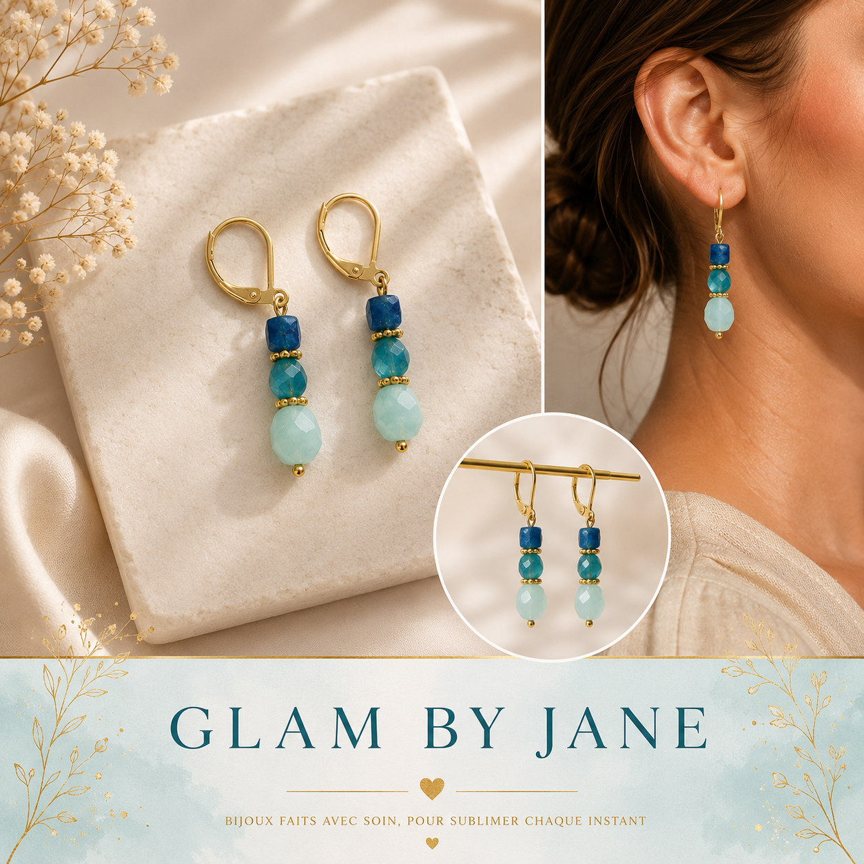 Boucles D'Oreilles Pierre Naturelle Acier Inoxydable Doré