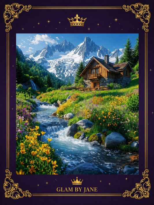 Kit Peinture Diamant 5D –  un chalet dans les Montagnes au Bord d'un Ruisseau et Fleurs ÉpanouiesArt Mosaïque sur Toile