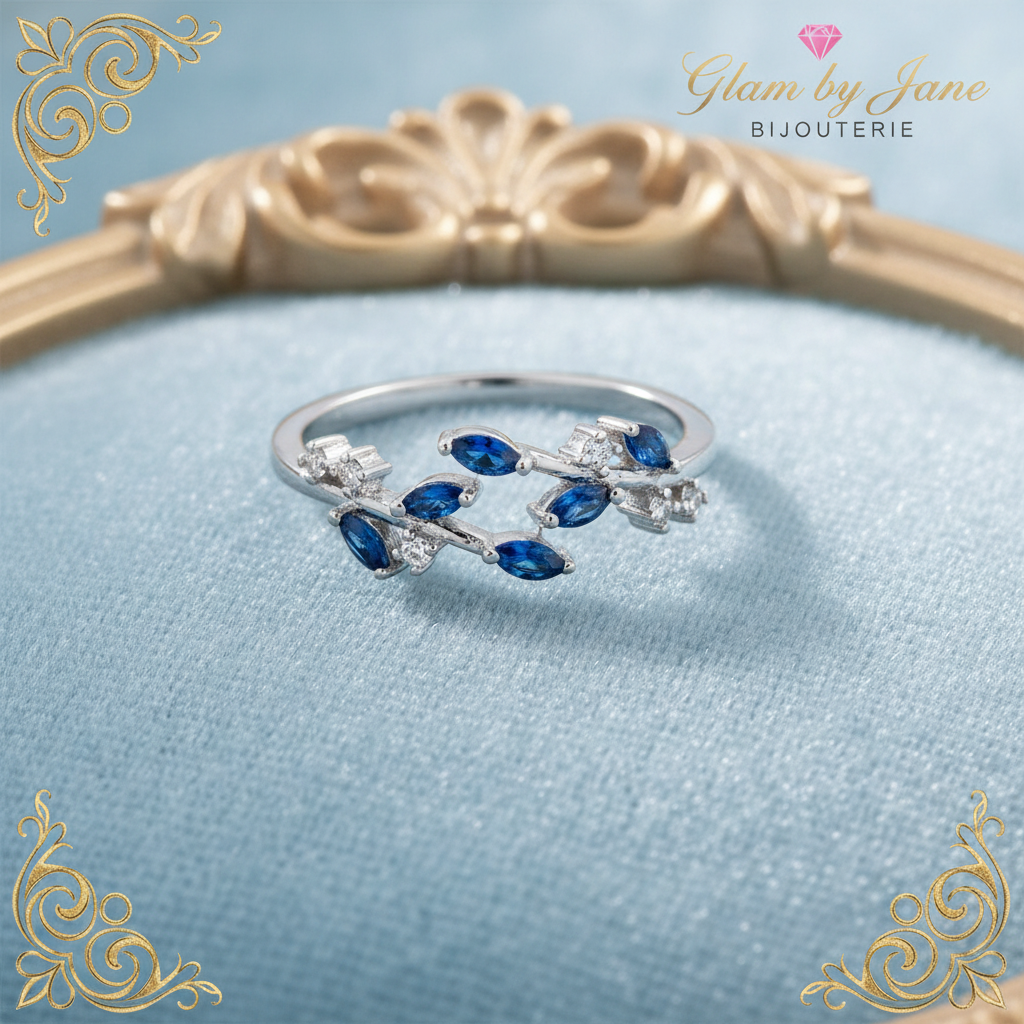 Bague femme réglable ornée de feuilles oxydes bleu et blanc