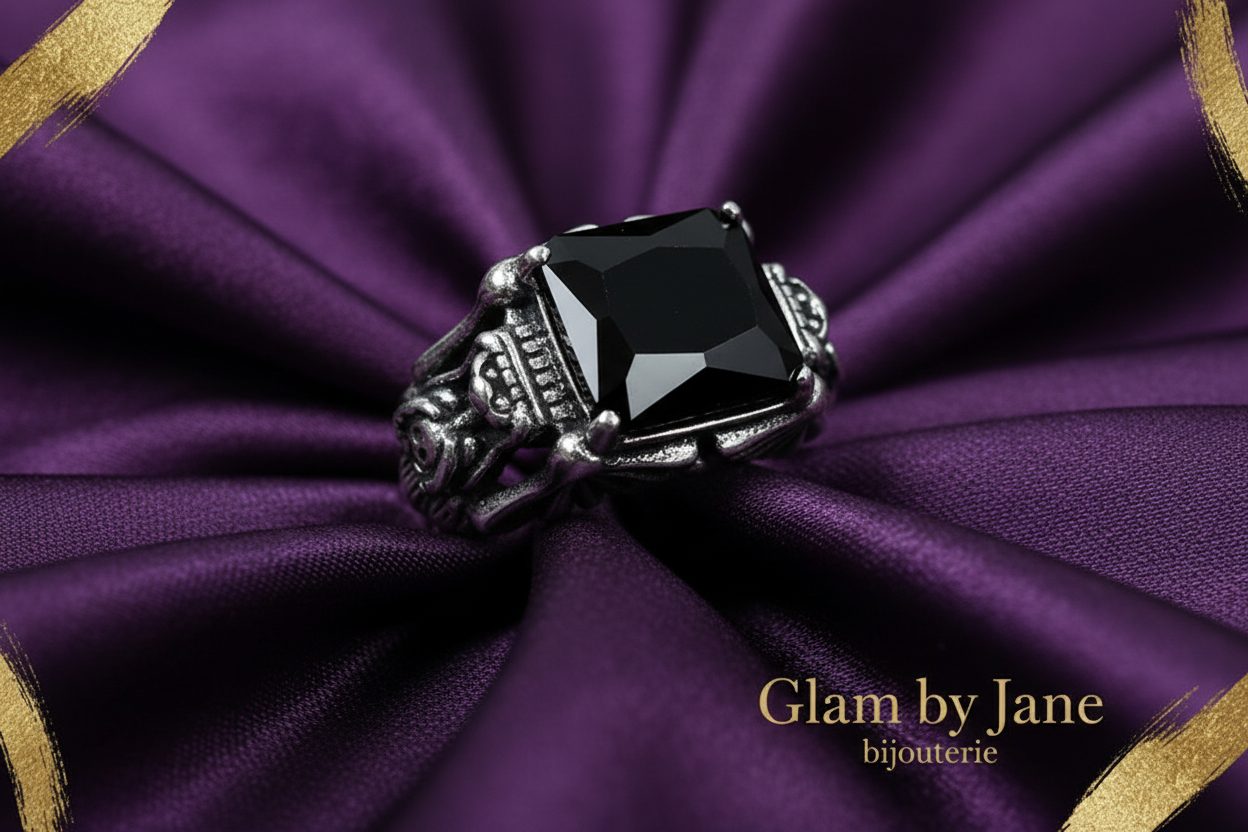 Bague Acier Inoxydable Chevalière Verre Noir pour homme
