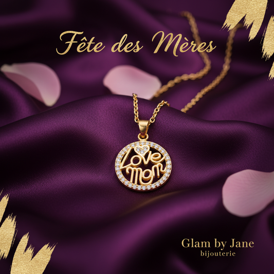 Collier chaîne et pendentif très joli cercle Mom avec des zirconiums blancs sertis